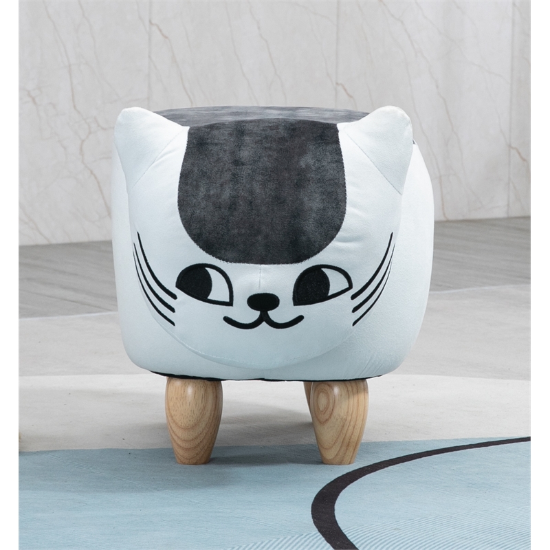 Home 2 Offie Cat Condo Pet House Kitten Shaped Storage Ottoman White and Grey Microfiber Fabric wood frame and feet