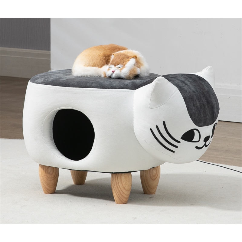 Home 2 Offie Cat Condo Pet House Kitten Shaped Storage Ottoman White and Grey Microfiber Fabric wood frame and feet