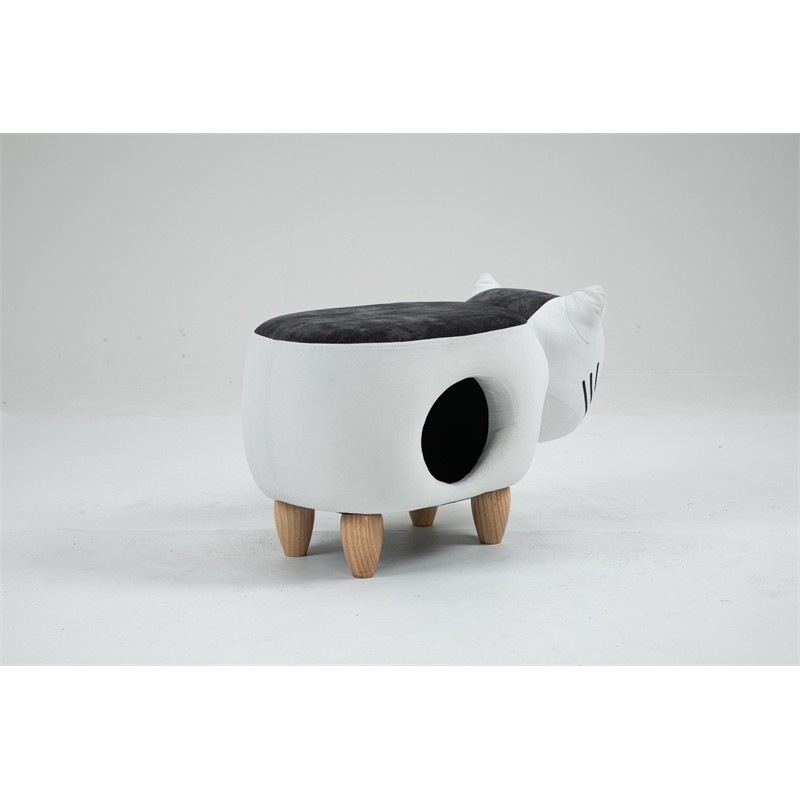 Home 2 Offie Cat Condo Pet House Kitten Shaped Storage Ottoman White and Grey Microfiber Fabric wood frame and feet