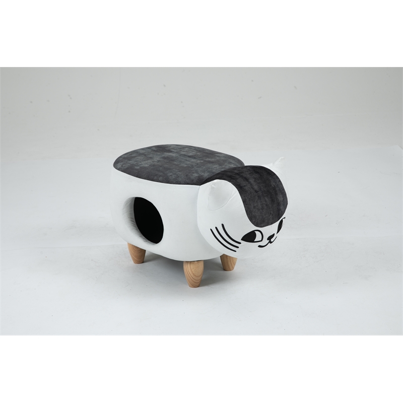 Home 2 Offie Cat Condo Pet House Kitten Shaped Storage Ottoman White and Grey Microfiber Fabric wood frame and feet