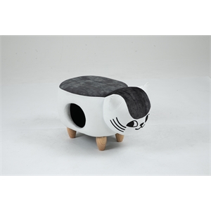 Home 2 Offie Cat Condo Pet House Kitten Shaped Storage Ottoman White and Grey Microfiber Fabric wood frame and feet