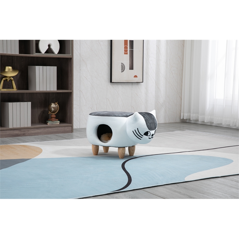 Home 2 Offie Cat Condo Pet House Kitten Shaped Storage Ottoman White and Grey Microfiber Fabric wood frame and feet