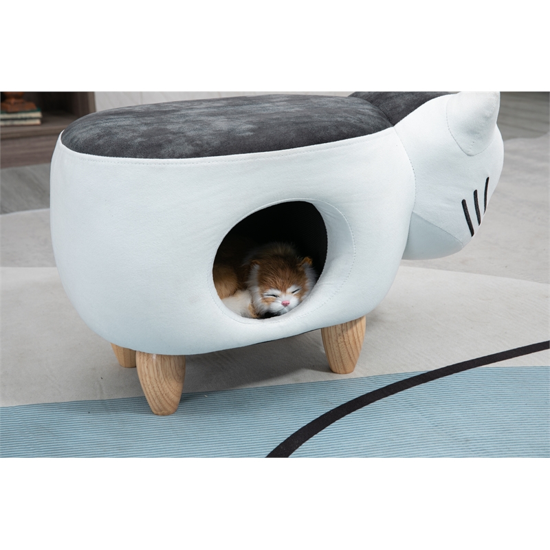 Home 2 Offie Cat Condo Pet House Kitten Shaped Storage Ottoman White and Grey Microfiber Fabric wood frame and feet