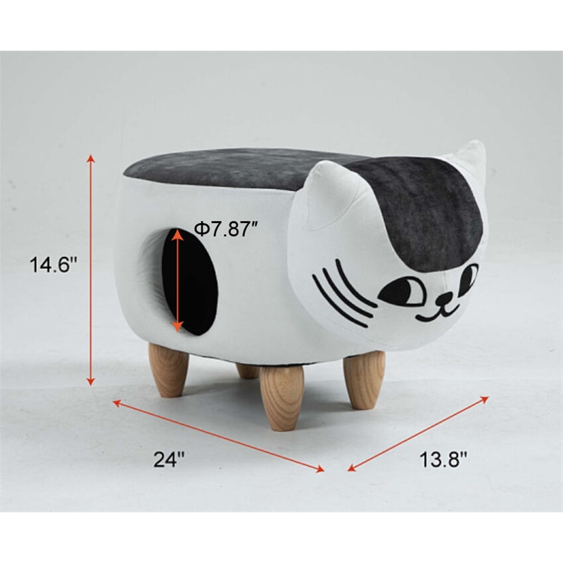 Home 2 Offie Cat Condo Pet House Kitten Shaped Storage Ottoman White and Grey Microfiber Fabric wood frame and feet