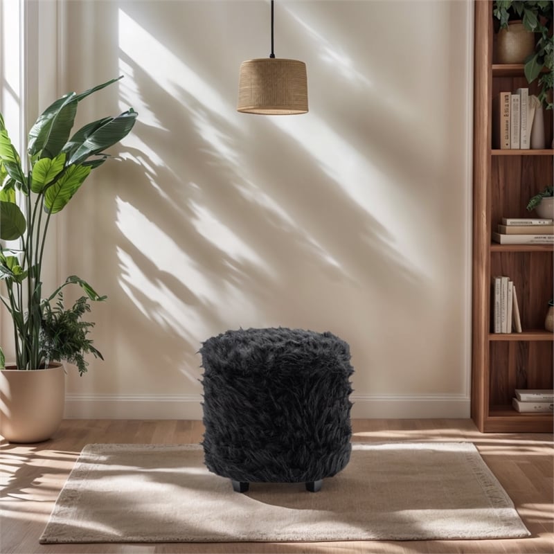 Home 2 Office Round Black Cow Fur Sorage Ottoman Stool