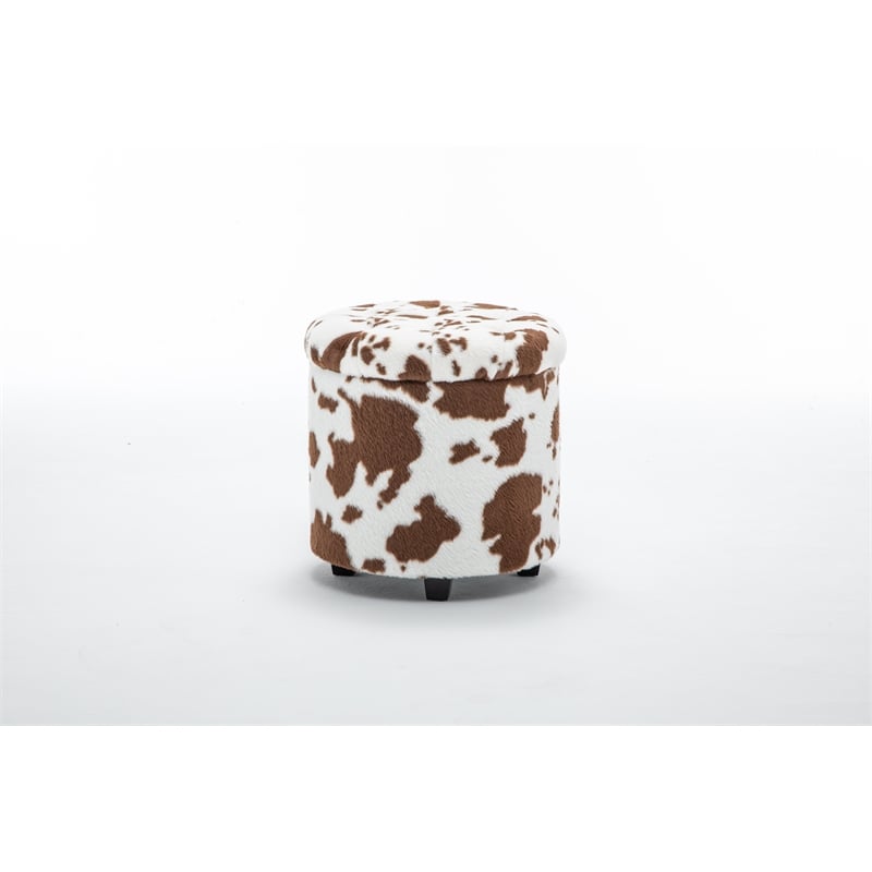 Home 2 Office Round Brown and White Cow Fur Sorage Ottoman Stool