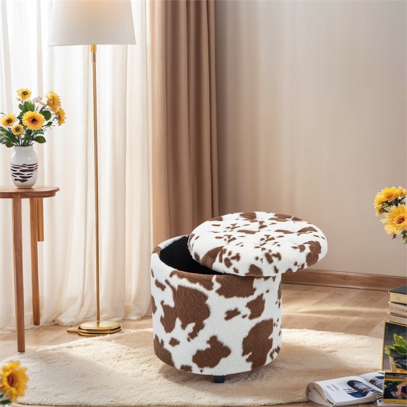 Home 2 Office Round Brown and White Cow Fur Sorage Ottoman Stool