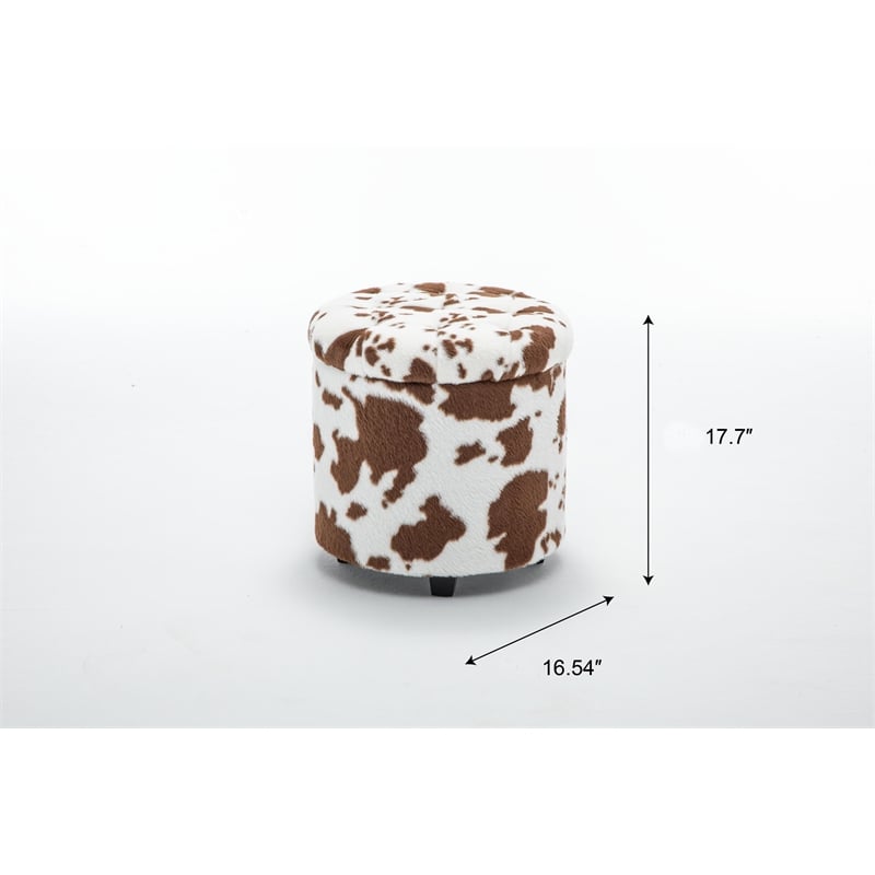 Home 2 Office Round Brown and White Cow Fur Sorage Ottoman Stool