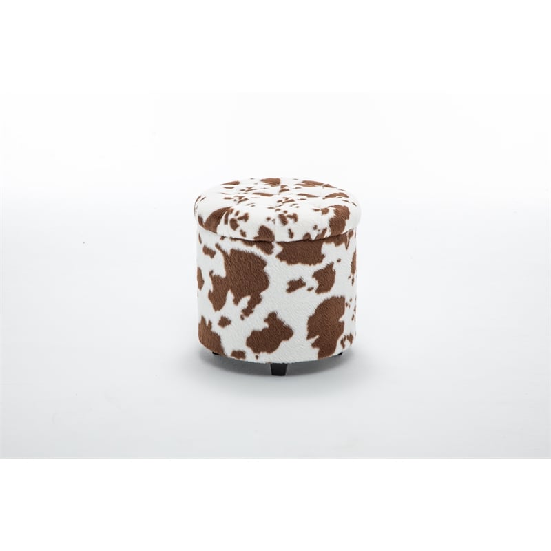 Home 2 Office Round Brown and White Cow Fur Sorage Ottoman Stool