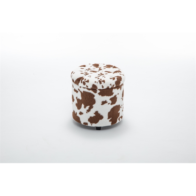 Home 2 Office Round Brown and White Cow Fur Sorage Ottoman Stool