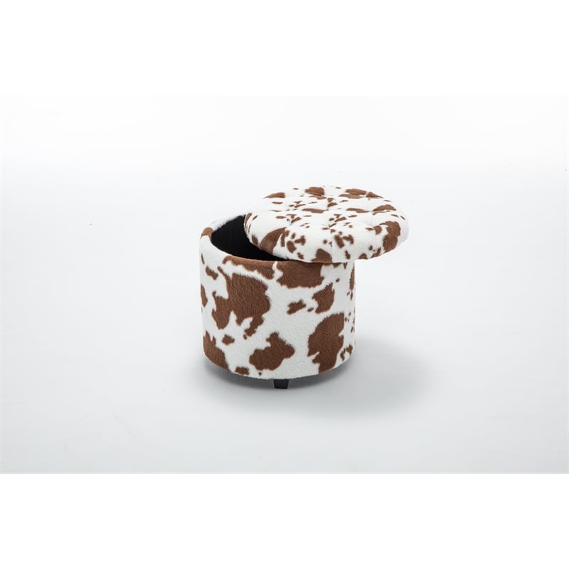 Home 2 Office Round Brown and White Cow Fur Sorage Ottoman Stool