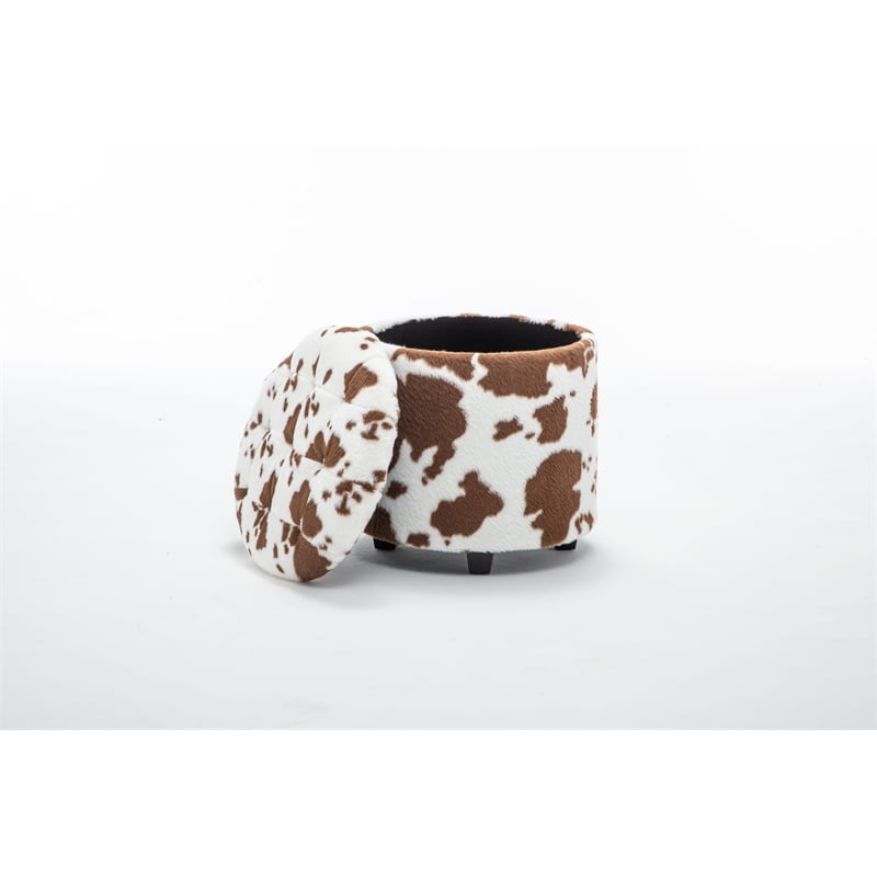 Home 2 Office Round Brown and White Cow Fur Sorage Ottoman Stool