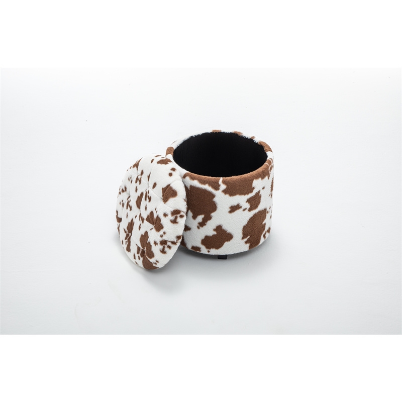 Home 2 Office Round Brown and White Cow Fur Sorage Ottoman Stool