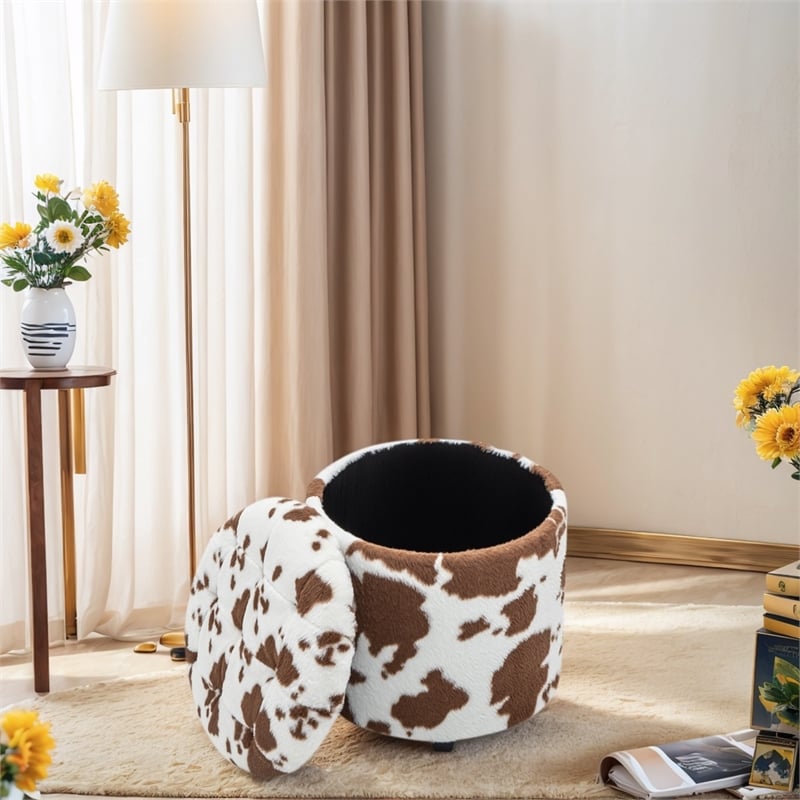 Home 2 Office Round Brown and White Cow Fur Sorage Ottoman Stool