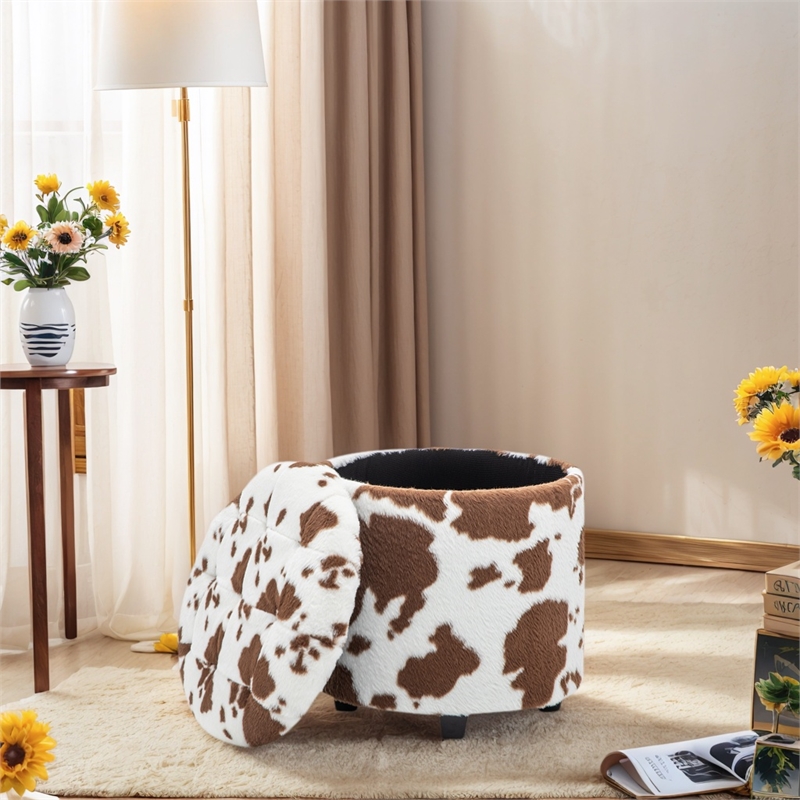 Home 2 Office Round Brown and White Cow Fur Sorage Ottoman Stool