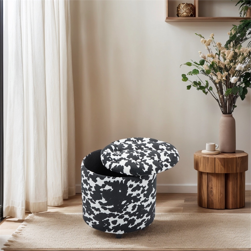 Home 2 Office Round Black and White Sorage Cow Print Storage Ottoman Stool