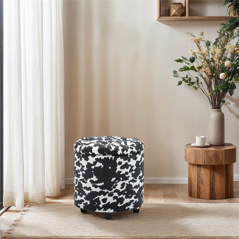 Home 2 Office Round Black and White Sorage Cow Print Storage Ottoman Stool