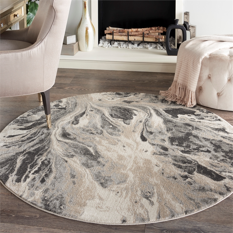 Inspire Me Home Decor Elegance 4' Round Gray and White Fabric Modern Indoor Rug