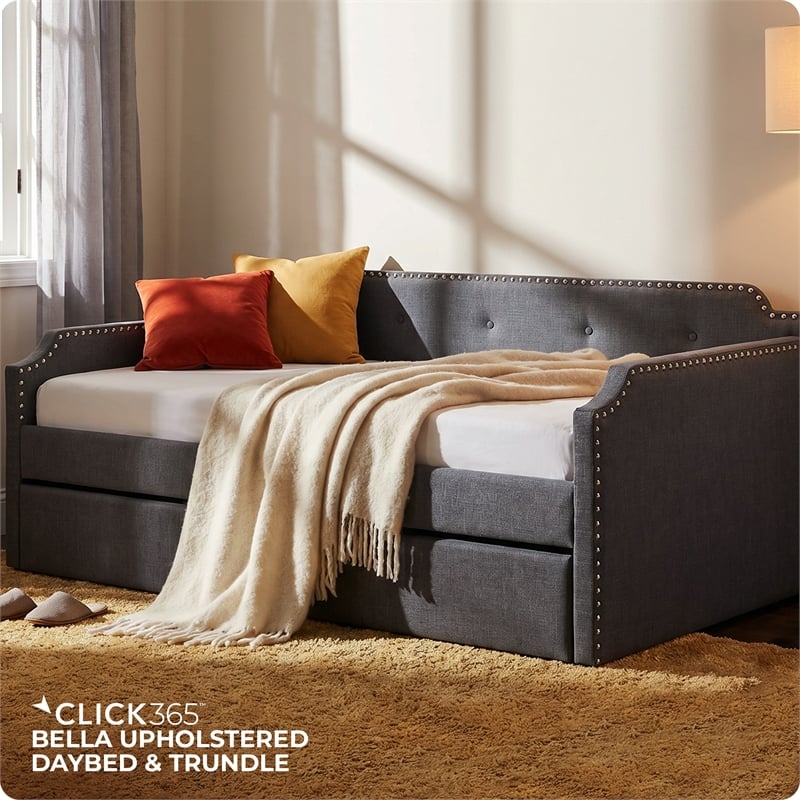 ClickDecor Bella Upholstered Daybed and Trundle Dark Gray