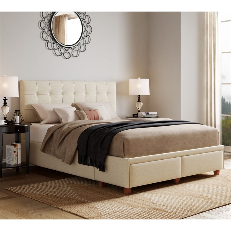 ClickDecor Edmond Storage Bed wAdjustable Height Headboard Queen Size Beige