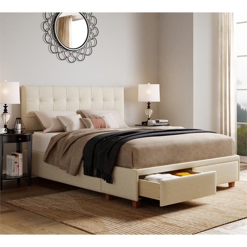 ClickDecor Edmond Storage Bed wAdjustable Height Headboard Queen Size Beige