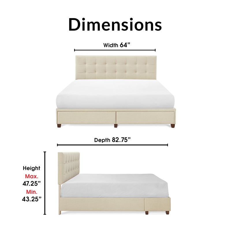 ClickDecor Edmond Storage Bed wAdjustable Height Headboard Queen Size Beige