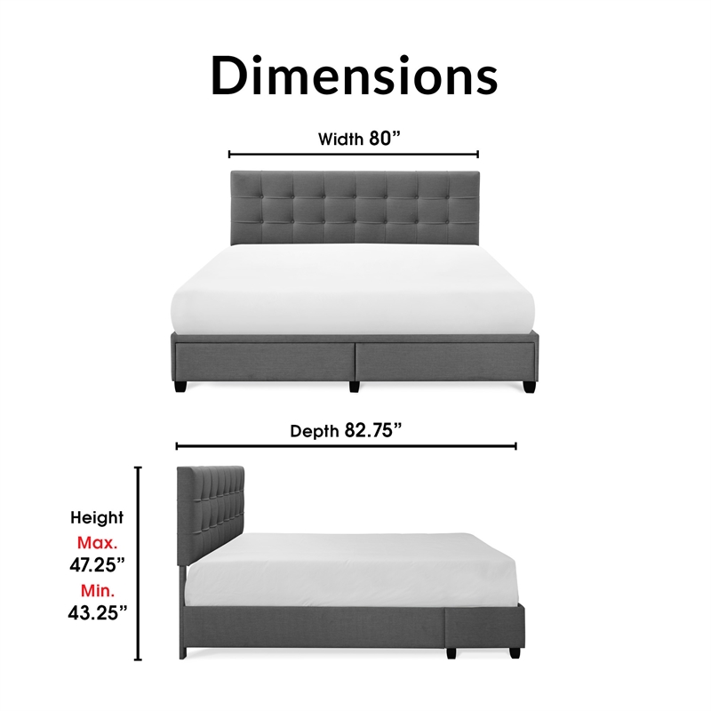 ClickDecor Edmond Storage Bed wAdjustable Height Headboard King Size Dark Gray