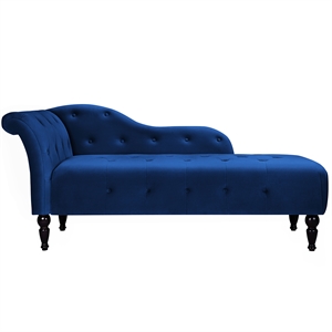 blue velvet upholstered lounge with tufted buttons
