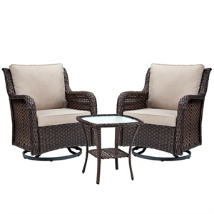 3-piece rattan outdoor bistro set with beige cushions and glass top side table