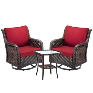 3-piece rattan outdoor bistro set with red cushions and glass top side table