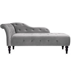 grey velvet upholstered lounge with tufted buttons