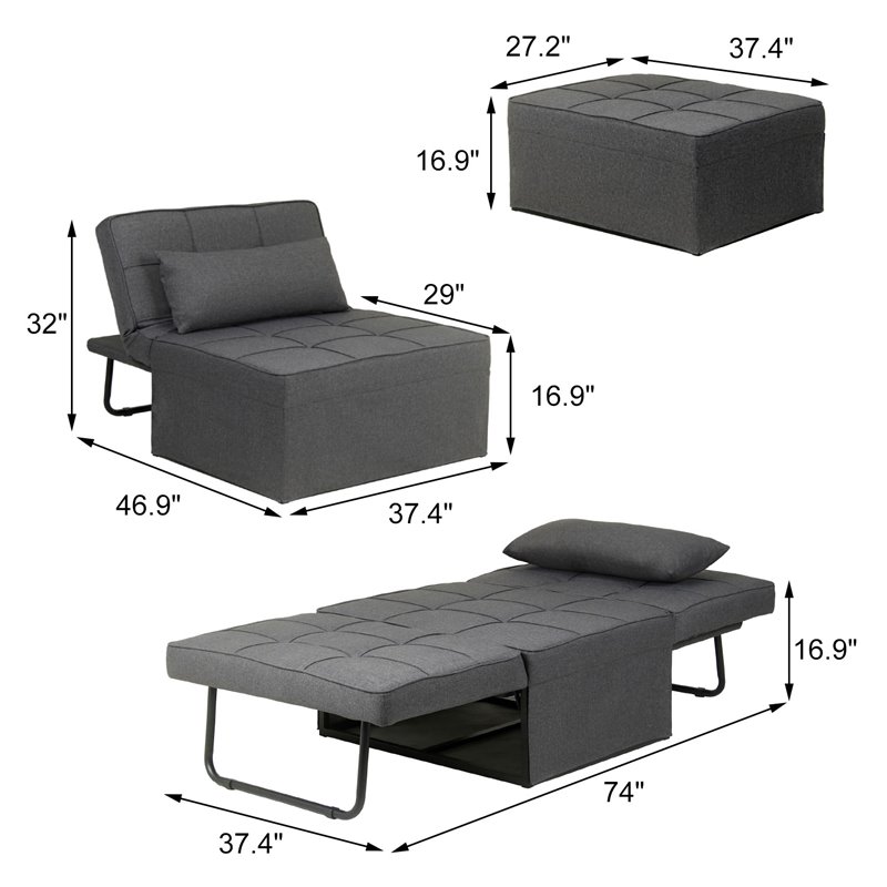 Alexent 4-in-1 Multi-Function Folding Adjustable Fabric Sofa Chair Bed in Gray