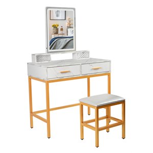 alexent led wood makeup vanity desk set with rectangle mirror in marble white
