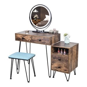alexent wood makeup vanity desk set with round mirror & storage cabinet in brown