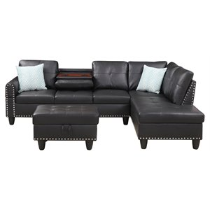 alexent right hand facing faux leather sectional sofa with ottoman in black