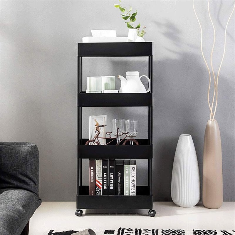 Alexent 4-Tier Plastic Storage Organizer Rolling Cart with Slim Shelves in Black