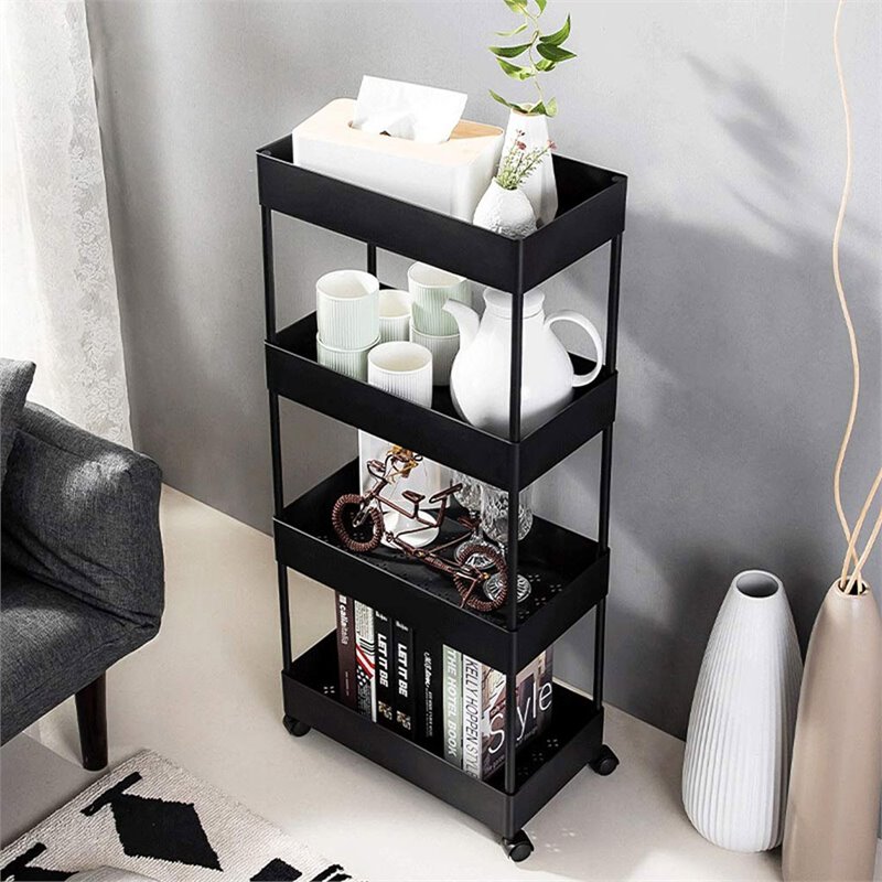 Alexent 4-Tier Plastic Storage Organizer Rolling Cart with Slim Shelves in Black