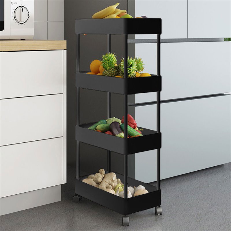 Alexent 4-Tier Plastic Storage Organizer Rolling Cart with Slim Shelves in Black