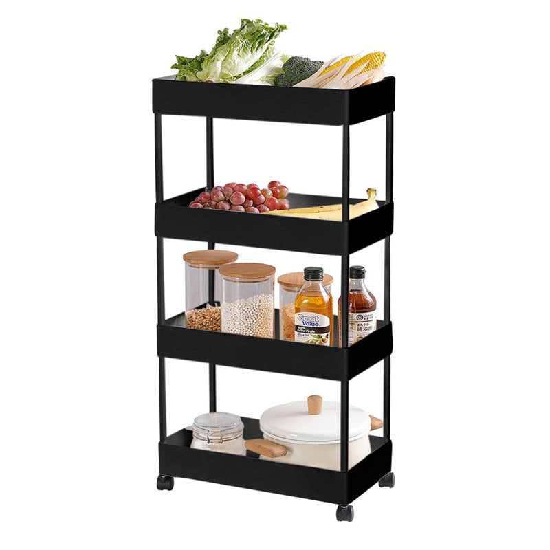 Alexent 4-Tier Plastic Storage Organizer Rolling Cart with Slim Shelves in Black