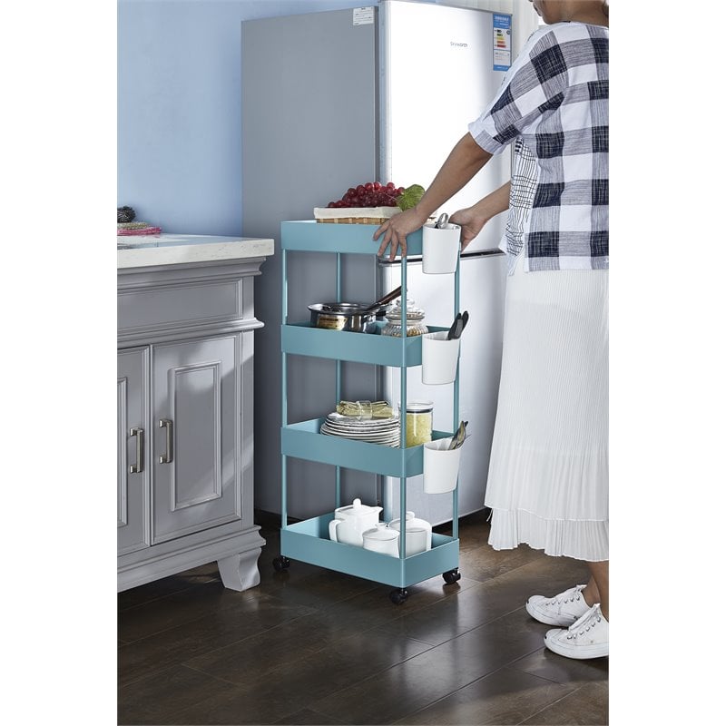 Alexent 4-Tier Plastic Storage Organizer Rolling Cart with Slim Shelves in Blue