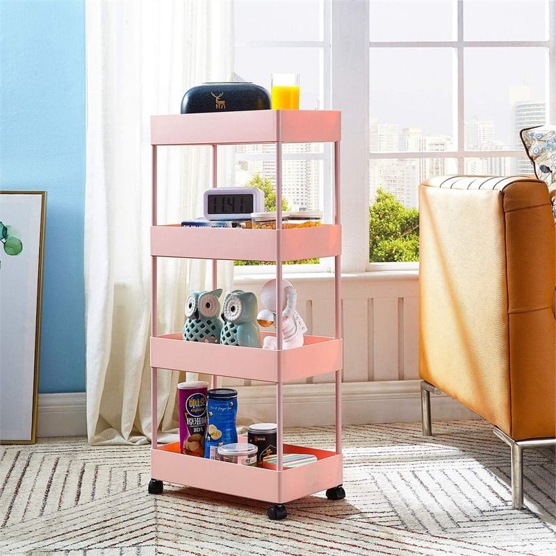 Alexent 4-Tier Plastic Storage Organizer Rolling Cart with Slim Shelves in Pink