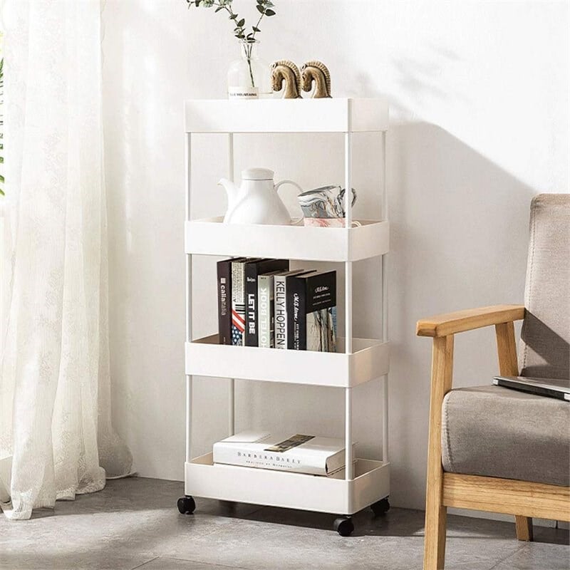 Alexent 4-Tier Plastic Storage Organizer Rolling Cart with Slim Shelves in White