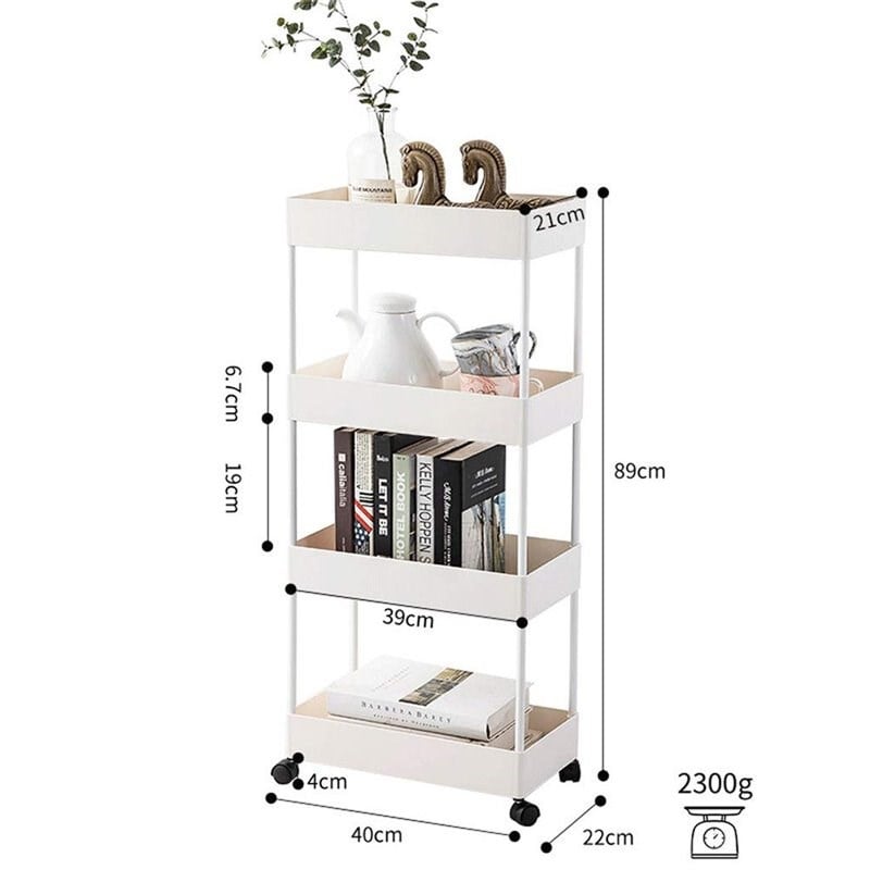 Alexent 4-Tier Plastic Storage Organizer Rolling Cart with Slim Shelves in White