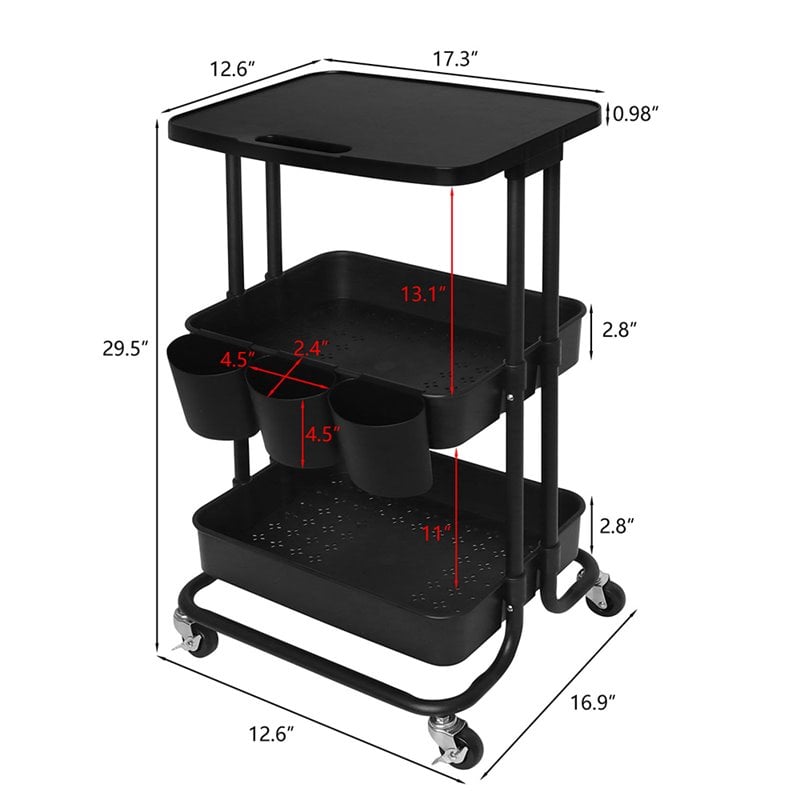 Alexent 2-Tier Table Top Plastic Storage Trolley Rolling Cart Organizer in Black