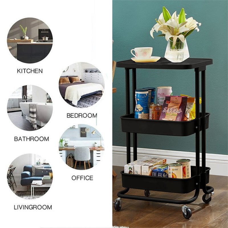 Alexent 2-Tier Table Top Plastic Storage Trolley Rolling Cart Organizer in Black
