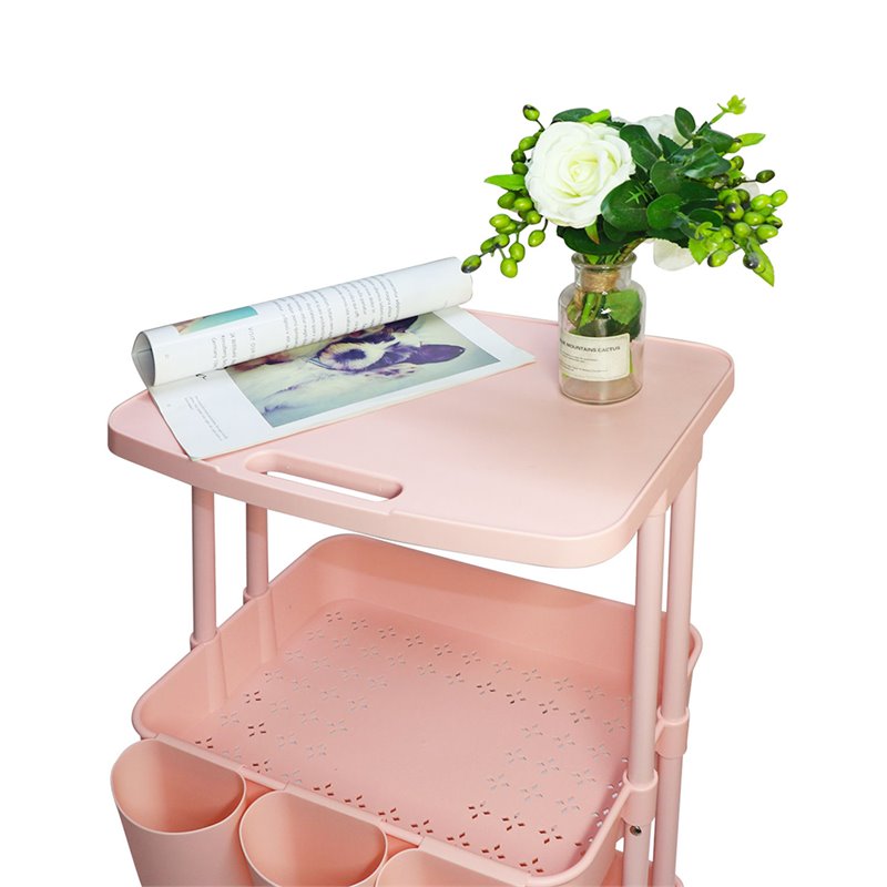 Alexent 2-Tier Table Top Plastic Storage Trolley Rolling Cart Organizer in Pink