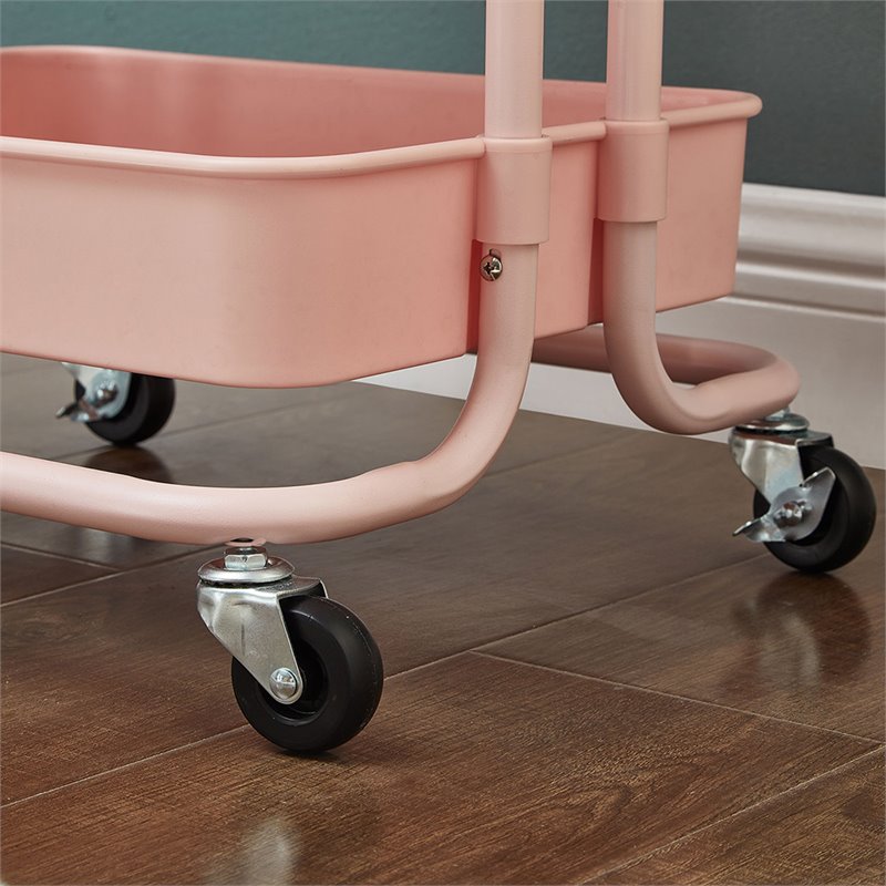 Alexent 2-Tier Table Top Plastic Storage Trolley Rolling Cart Organizer in Pink
