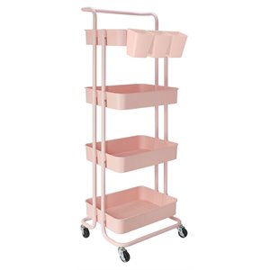 alexent modern plastic utility rolling cart with 4 adjustable shelves in pink