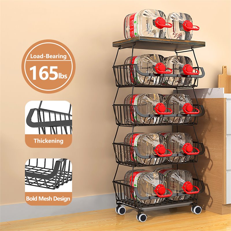 Alexent 5-Tier Metal Utility Carts with Lockable Casters and Flat Top in Black