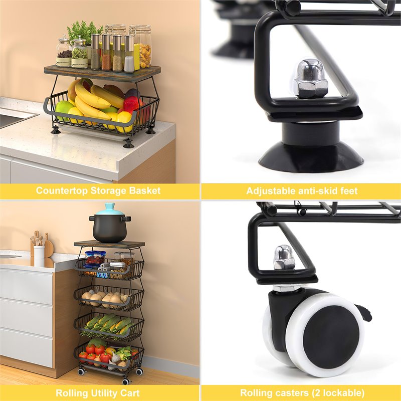 Alexent 5-Tier Metal Utility Carts with Lockable Casters and Flat Top in Black